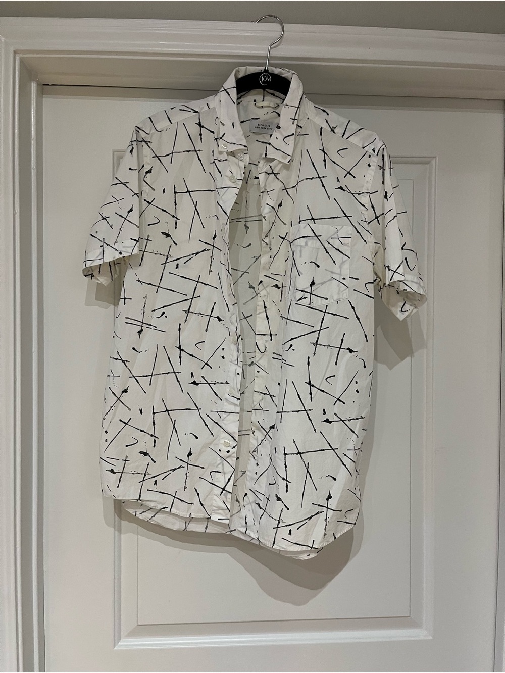 Saturdays New York City White Short-Sleeve Button-Up with Black Abstract Lines